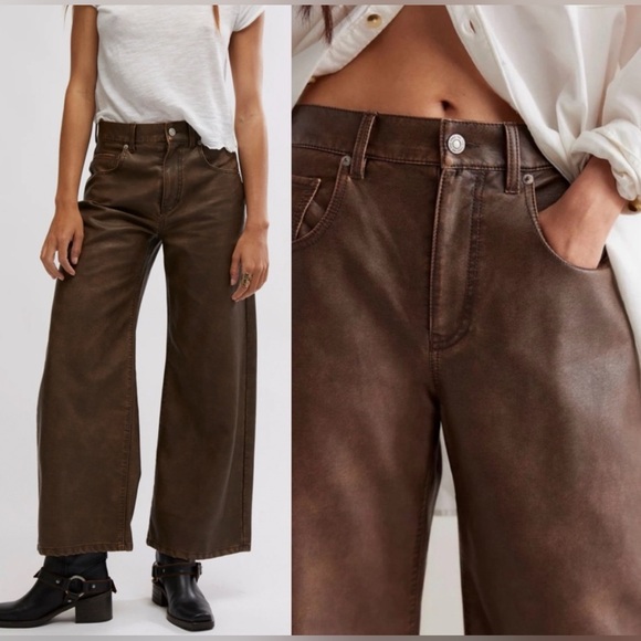 NWT Free People Vintage Brown Leather High Rise Wide LegBarrel Jeans 30